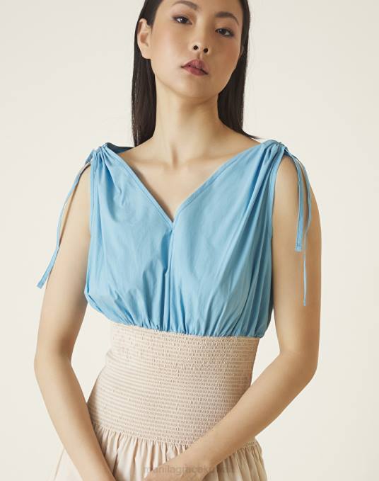 Manila Grace ملابس نحيف أزرق فاتح/أبيض حليبي فستان ميدي قطن Z2TJ60