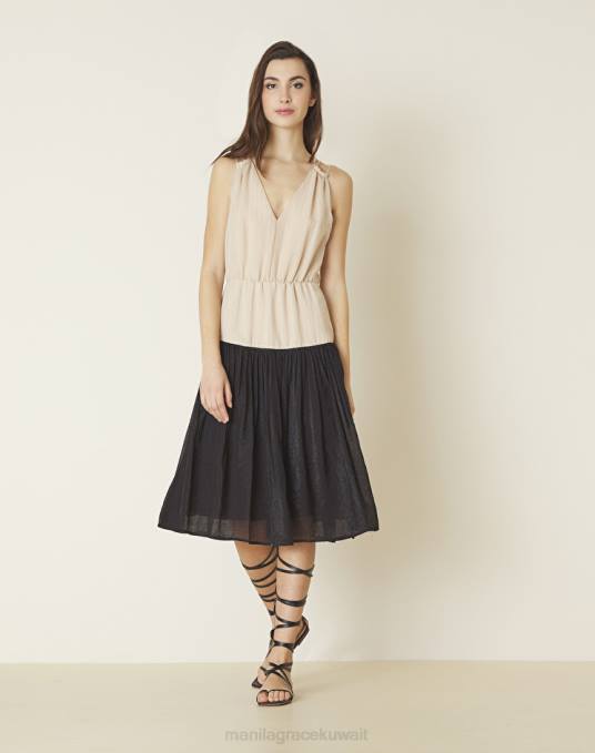 Manila Grace ملابس نحيف الرمال / الأسود فستان بلونين مع كشكش Z2TJ61