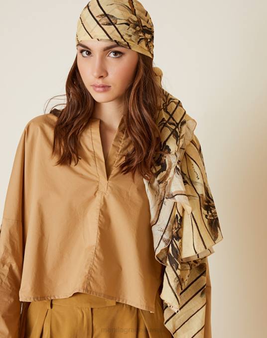 Manila Grace ملحق نحيف البيج الرملي وشاح أرجوحة من الفوال القطني مزين بخطوط وزهور Z2TJ615