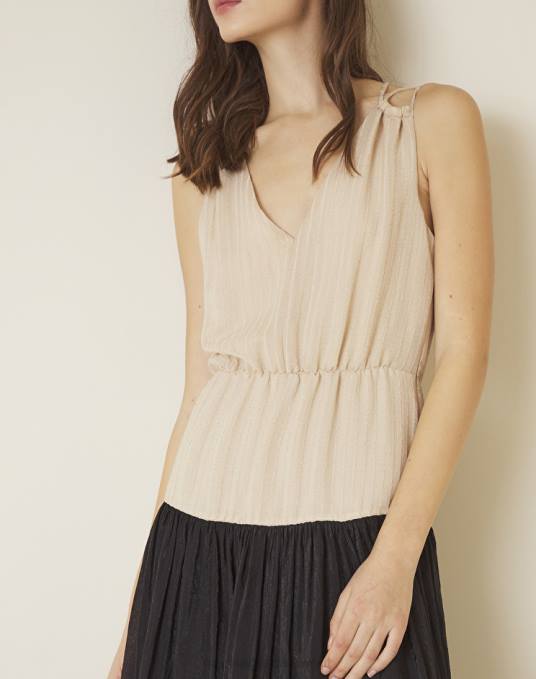 Manila Grace ملابس نحيف الرمال / الأسود فستان بلونين مع كشكش Z2TJ61