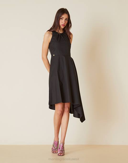 Manila Grace ملابس نحيف أسود فستان قطن غير متماثل Z2TJ64