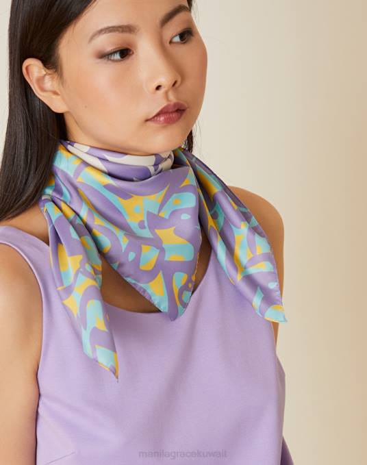 Manila Grace ملحق نحيف الخزامى فولارد مربع من نسيج قطني طويل مع طباعة الشعار Z2TJ646