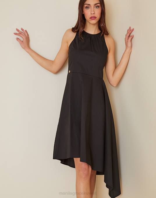 Manila Grace ملابس نحيف أسود فستان قطن غير متماثل Z2TJ64