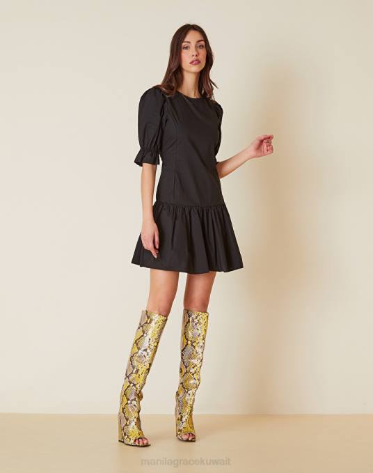 Manila Grace ملابس نحيف أسود فستان قصير من القطن مع كشكش Z2TJ65