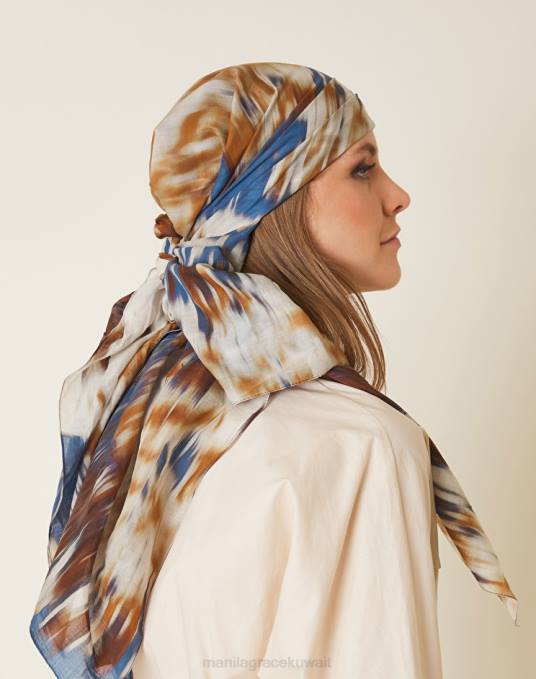 Manila Grace ملحق نحيف التبغ البني وشاح مربع من الفوال بطباعة تجريدية Z2TJ650