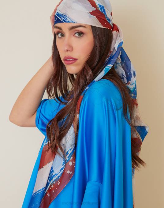 Manila Grace ملحق نحيف ازرق غامق وشاح مربع من الشيفون والبوليستر مع طباعة الزهور Z2TJ658