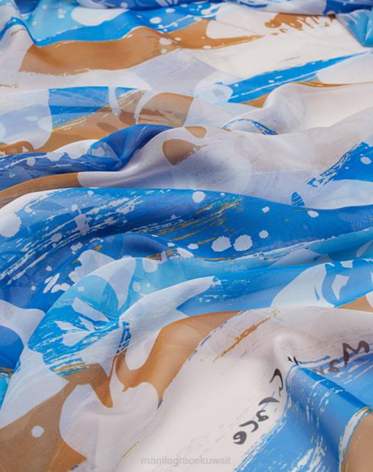 Manila Grace ملحق نحيف ازرق غامق وشاح مربع من الشيفون والبوليستر مع طباعة الزهور Z2TJ658