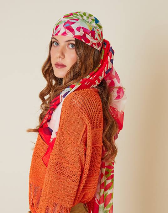 Manila Grace ملحق نحيف البرتقالي وشاح مربع من الشيفون مع طباعة البتلات Z2TJ659