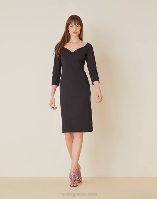 Manila Grace ملابس نحيف أسود فستان بأكمام ثلاثة أرباع Z2TJ67