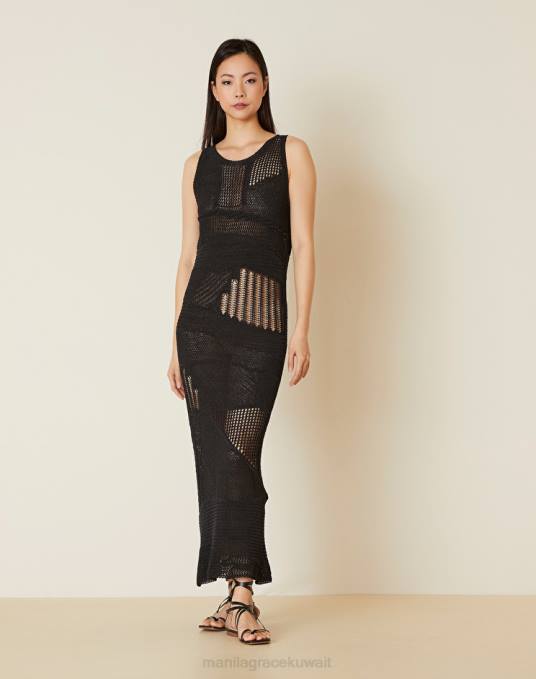 Manila Grace ملابس نحيف أسود فستان جيرسي من مزيج القطن Z2TJ68