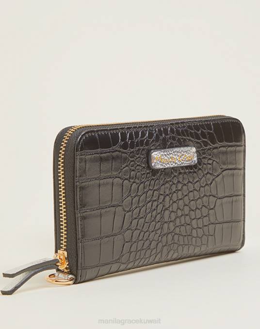 Manila Grace شنطة نحيف الفضة السوداء محفظة بسحاب حولها مع طباعة جلد التمساح Z2TJ692
