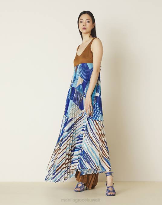 Manila Grace ملابس نحيف محيط أزرق فستان طويل بطبعات مرقعة وطيات Z2TJ7