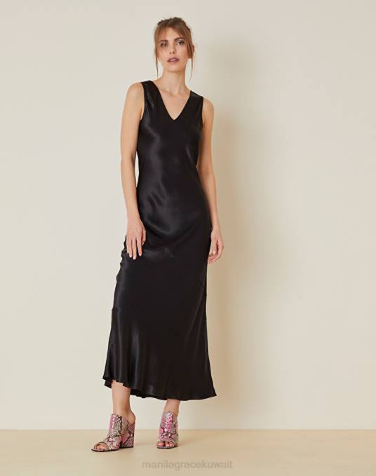 Manila Grace ملابس نحيف أسود فستان طويل من الساتان الفيسكوز Z2TJ70