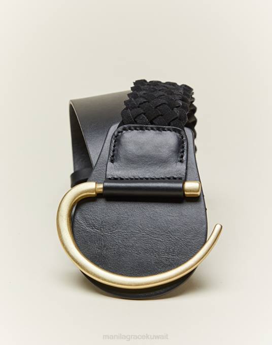 Manila Grace ملحق نحيف أسود حزام جلدي عريض مع تفاصيل مضفرة Z2TJ701