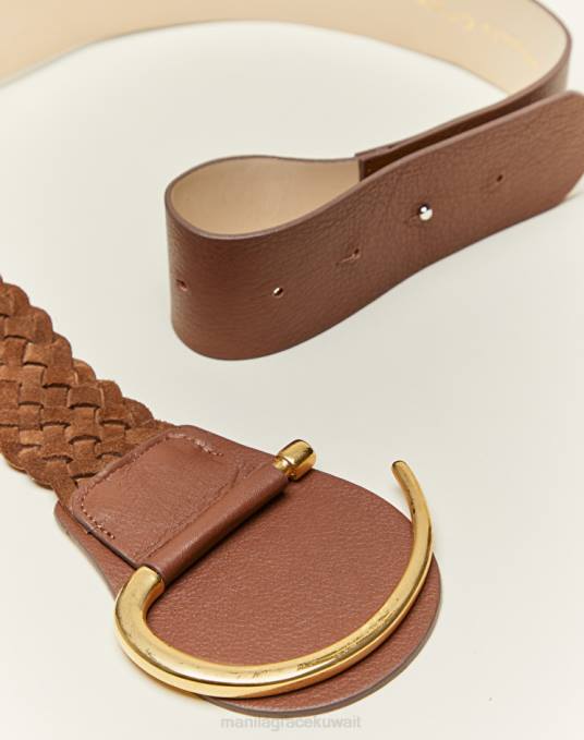 Manila Grace ملحق نحيف التبغ البني حزام جلدي عريض مع تفاصيل مضفرة Z2TJ702