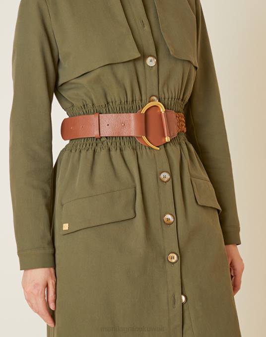 Manila Grace ملحق نحيف التبغ البني حزام جلدي عريض مع تفاصيل مضفرة Z2TJ702