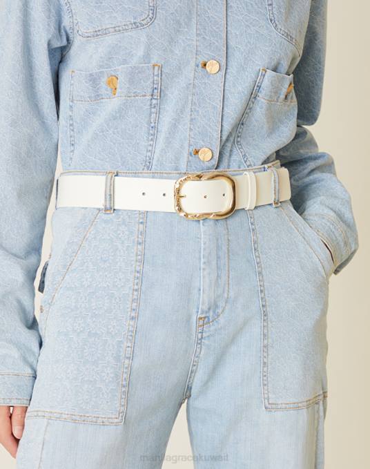 Manila Grace ملحق نحيف حليب ابيض حزام من الجلد الطبيعي مع مشبك Z2TJ703