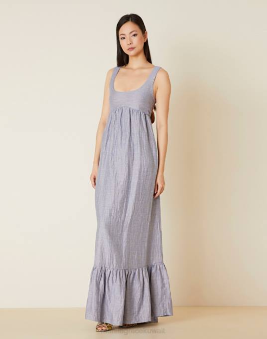 Manila Grace ملابس نحيف الغبار الأزرق / الكاكي الأخضر فستان طويل بفتحات من الكتان المختلط Z2TJ72