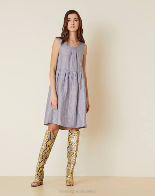 Manila Grace ملابس نحيف الغبار الأزرق / الكاكي الأخضر فستان قصير من الكتان المختلط Z2TJ73