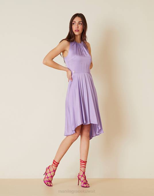 Manila Grace ملابس نحيف الخزامى فستان غير متماثل من الساتان الفيسكوز بلون خالص Z2TJ76