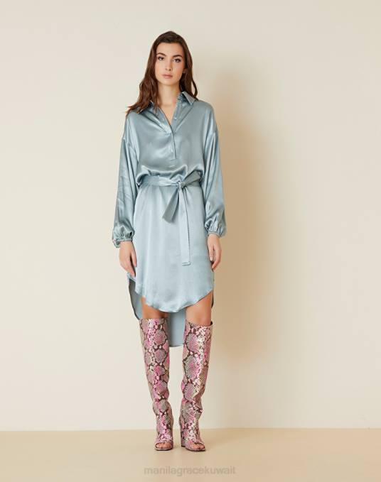 Manila Grace ملابس نحيف الغبار الأزرق فستان بحزام من الساتان الفيسكوز Z2TJ79