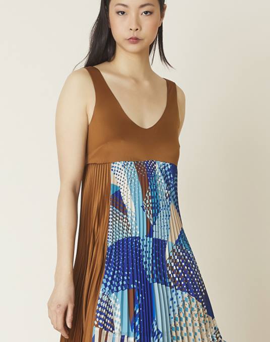 Manila Grace ملابس نحيف محيط أزرق فستان طويل بطبعات مرقعة وطيات Z2TJ7