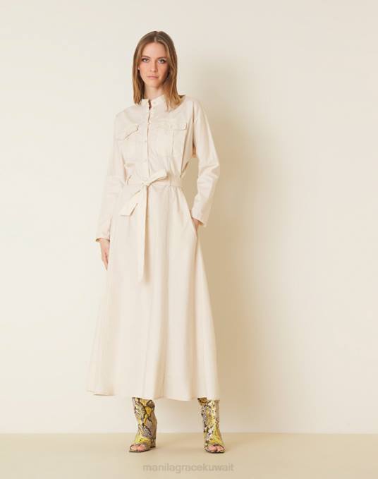 Manila Grace ملابس نحيف البيج الرملي فستان قطن كيميائي طويل Z2TJ8