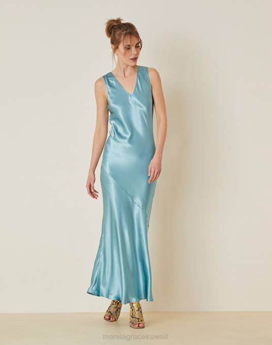 Manila Grace ملابس نحيف الغبار الأزرق فستان طويل من الساتان الفيسكوز Z2TJ80