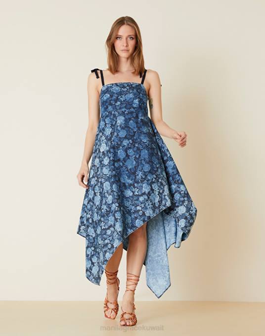 Manila Grace ملابس نحيف أزرق غامق فستان غير متماثل من الدنيم المطبوع Z2TJ82