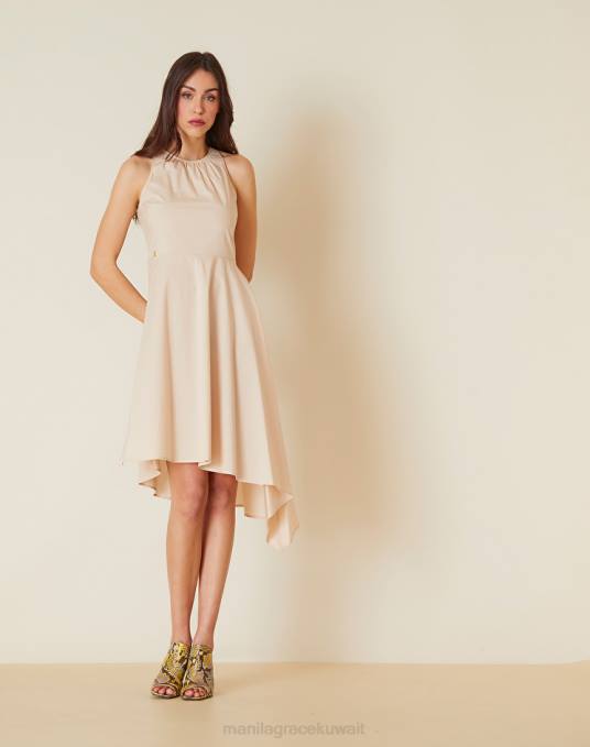 Manila Grace ملابس نحيف البيج الرملي فستان قطن غير متماثل Z2TJ83