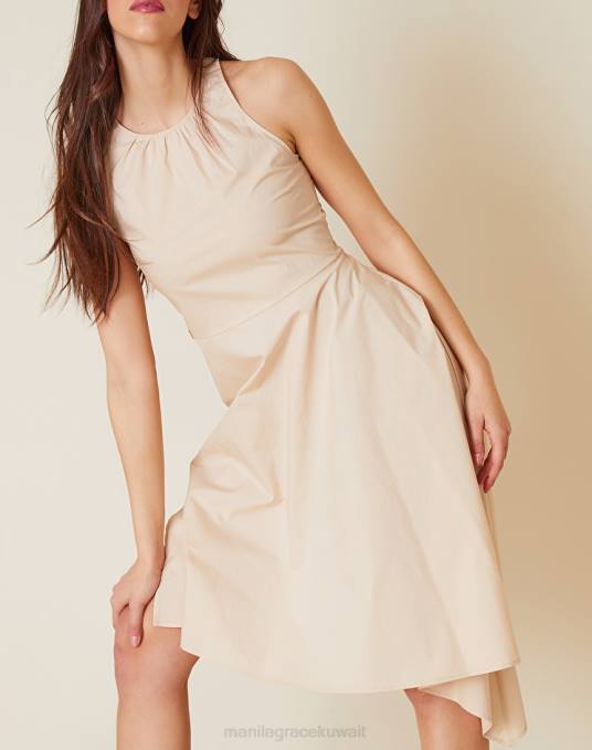 Manila Grace ملابس نحيف البيج الرملي فستان قطن غير متماثل Z2TJ83