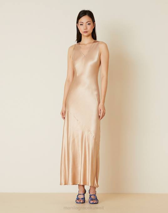 Manila Grace ملابس نحيف كاكي الأخضر فستان طويل من الساتان الفيسكوز Z2TJ85