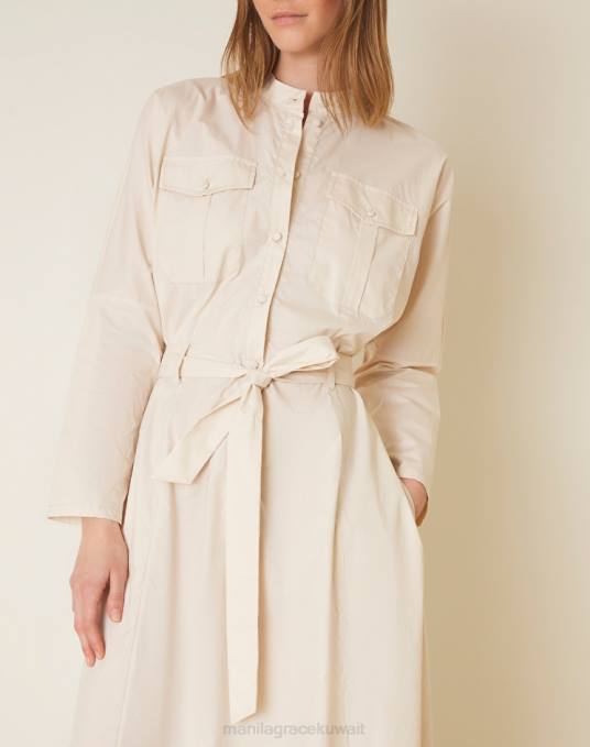 Manila Grace ملابس نحيف البيج الرملي فستان قطن كيميائي طويل Z2TJ8