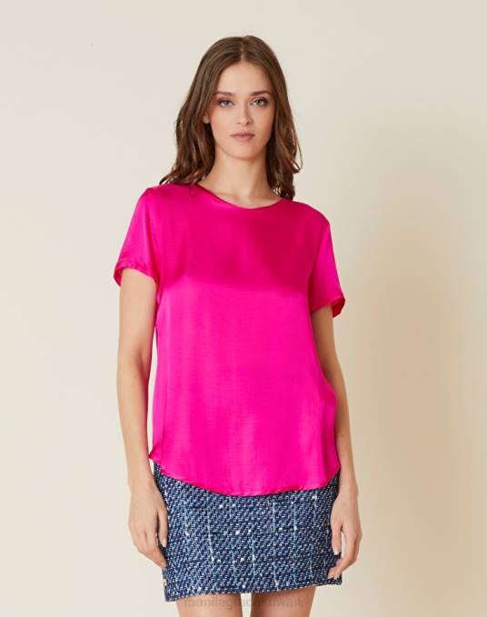 Manila Grace ملابس نحيف com.fuxia بلوزة بلون سادة وأكمام قصيرة Z2TJ219