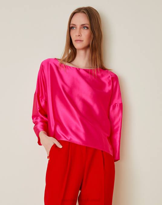 Manila Grace ملابس نحيف com.fuxia بلوزة حريرية برقبة قارب Z2TJ220