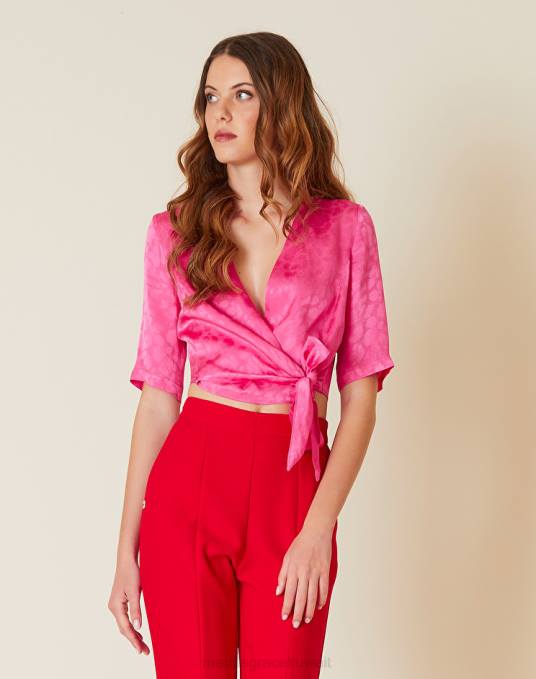 Manila Grace ملابس نحيف com.fuxia بلوزة ملفوفة من قماش الجاكار المخلوط بالحرير Z2TJ234