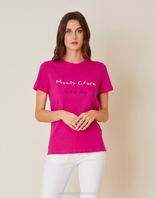 Manila Grace ملابس نحيف com.fuxia تي شيرت بطبعة شعار ذهبي Z2TJ288